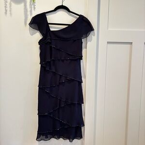 Patra Tiered Beaded Trim Navy Fairy Women's Midi Dress Asymmetrical Neckline 6